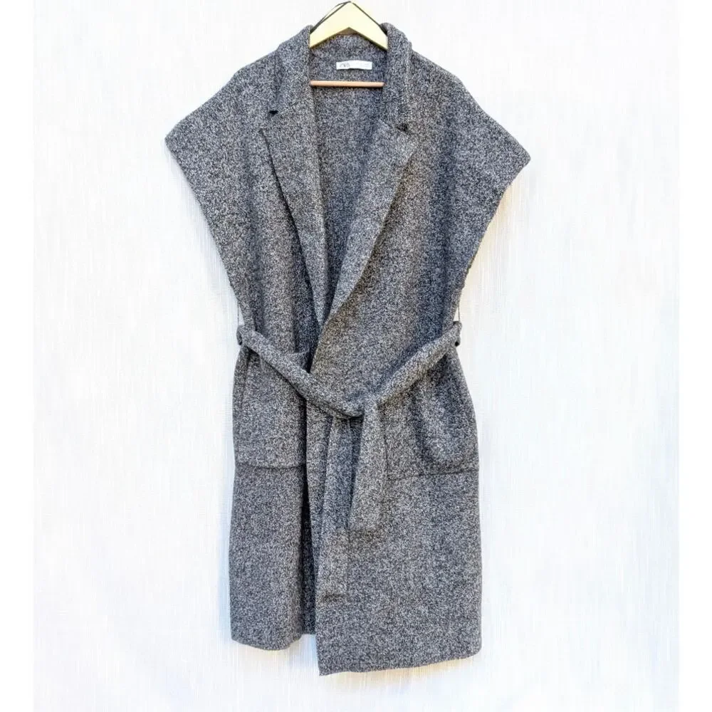 Zara Gray Flecked Knit 100% Wool Short Sleeve Coat Belted Vest, size L - Picture 2 of 8